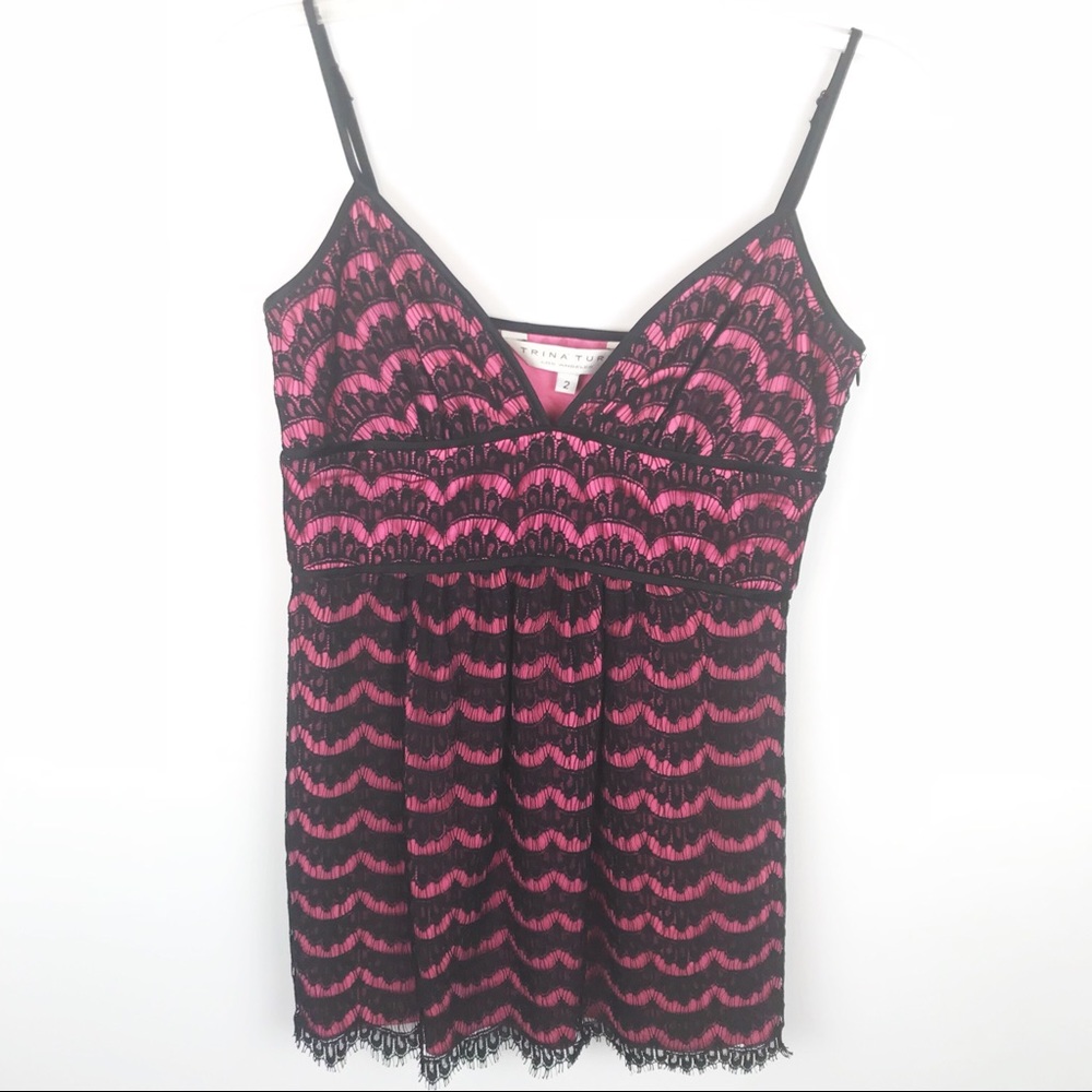 TRINA TURK Black Lace & Pink Satin Silk Scalloped Tank Top Women's Size 2 Y2K